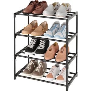 Metal Small Shoe Rack,Stackable Kids Shoe Stand,Narrow Shoe Storage Shelf for 8-10 Pairs of Shoes Entryway and Closet Hallway (4-Tier, Black)