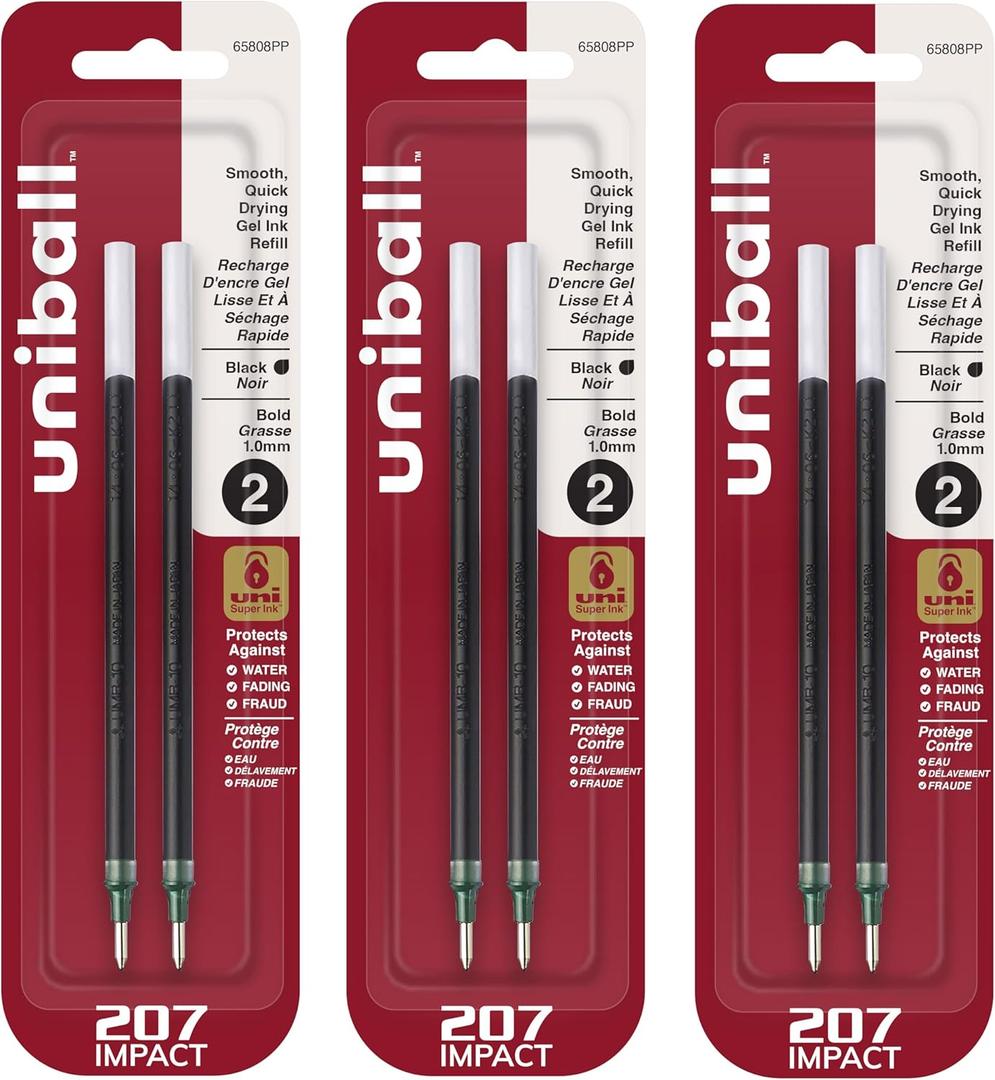 Uni-Ball 207 Impact Stick Pen Refills (Non-Retractable), 1.0mm Bold Point, Black Ink, 6 Pack