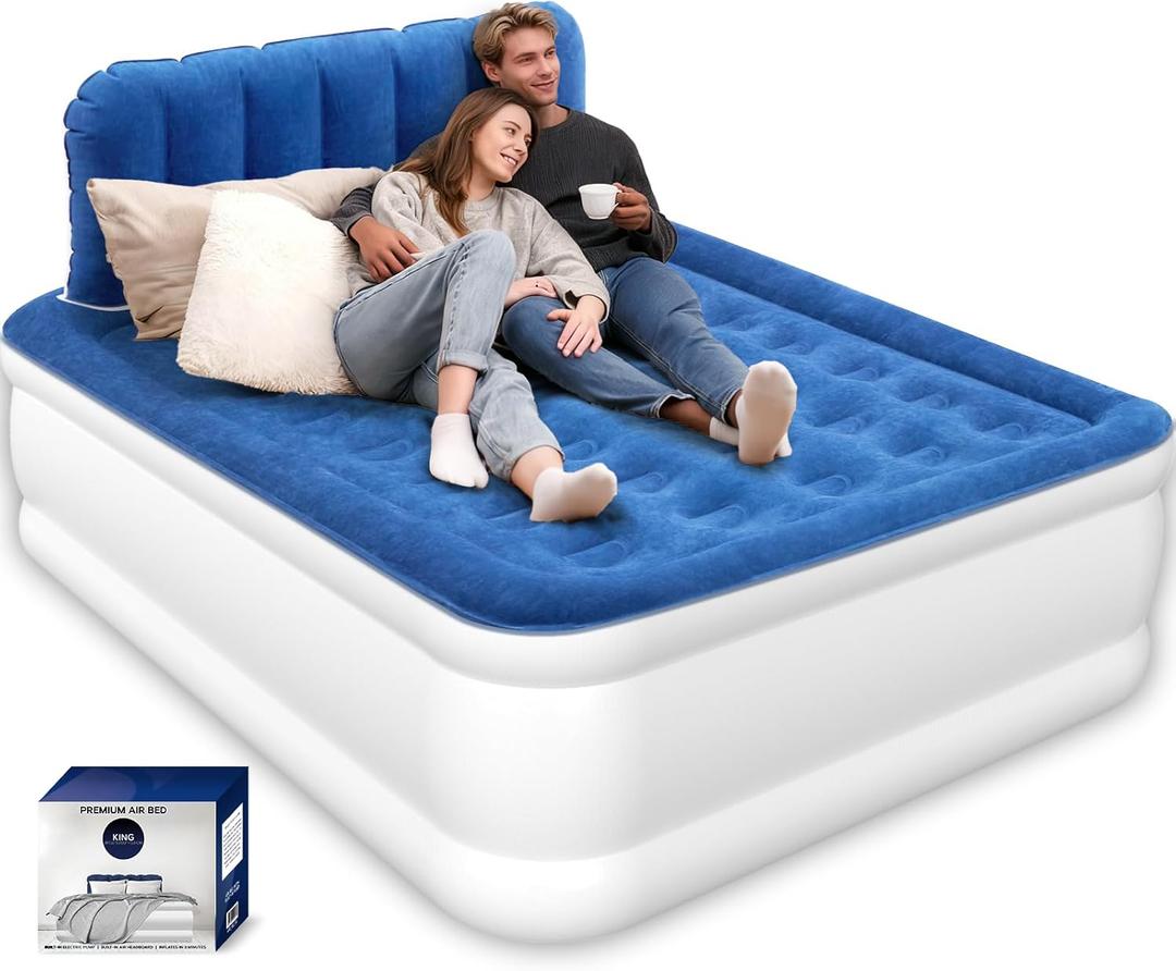 Queen Air Mattress with Headboard, Built-in Pump, 19" Raised Comfort Design, 800 lbs Max, 48-Hour Leak-Tested PVC, 3.5 Min Fast Inflation & Headboard, Durable Air Bed for Home, Guests Bed, Travel (Blue)