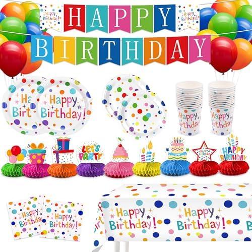 127Pcs Happy Birthday Party Supplies Decorations Set - Dot Design Disposable Tableware Kit with Plates, Napkins, Cups, Tablecloth, Banner, Balloons & Honeycomb Centerpieces for Boys Girls, Serves 24