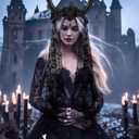 Halloween Gothic Devil Antelope Sheep Horn Headband Flower Crown with Black Mesh Veil Hair Hoop Cosplay Costume Proms Party Headwear