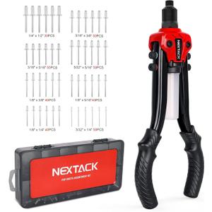 NEXTACK Rivet Gun Kit with 350 Blind Rivets, Heavy Duty Two-Handed 1/4 Pop Rivet Gun Set (NT300), 5 Nosepieces, Built-in Shaft Catcher for Van, Gutter & Automotive