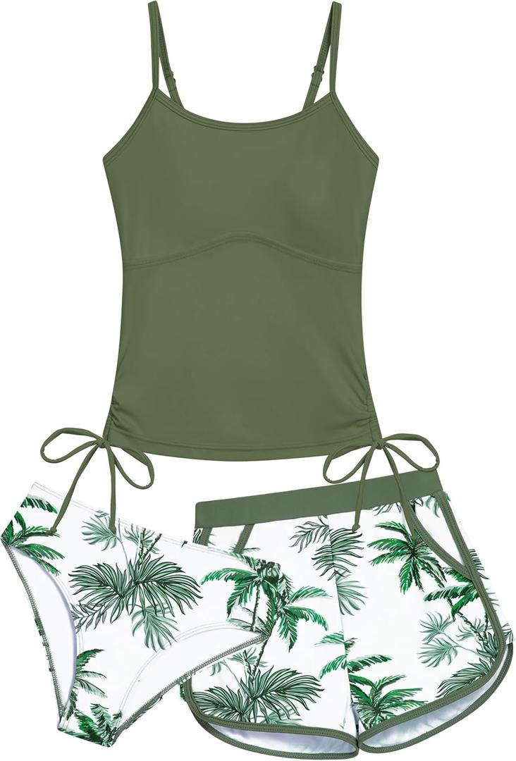 Seanrui Tween Bathing Suits Girl Tankini Swimwear Size 9-10 3 Piece Swimsuit with Printed Sport Shorts Sets Green