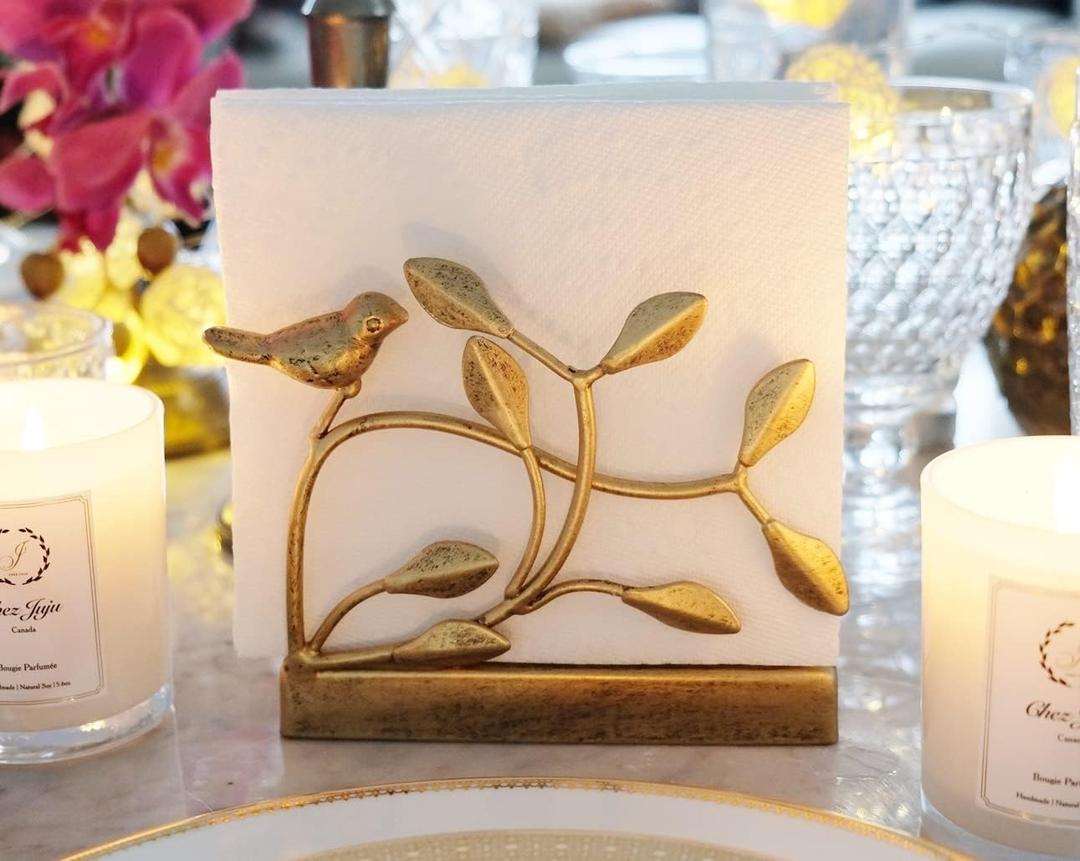 Golden Bird Vertical Napkin Holder | Elegant Sturdy Disposable Paper Hand Towel Storage Tray Caddy | Bathroom Kitchen Dining Restaurant Wedding Party Hotel Office | Indoor Outdoor décor