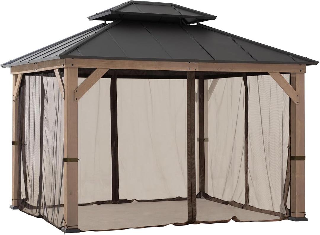 Sunjoy Replacement Mosquito Netting Panels,Waterproof 4-Panels Screen Walls for 10 x 12 ft Gazebo, Patio & Backyard Protection, Brown