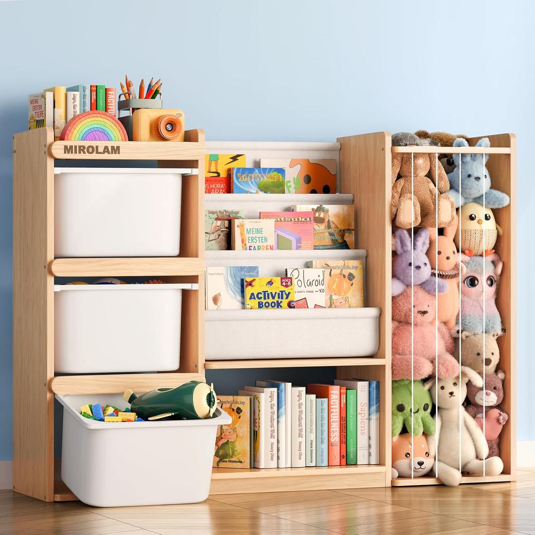 mirolam Toy Storage Organizer and Stuffed Animal Storage - Kids Room Toy Organization with 3 Bins Chest and 3 Tiers Montessori Book Shelf - Toddler Furniture for Playroom - Bedroom Nursery Decor, 50.8 x 35 x 12.6 inches