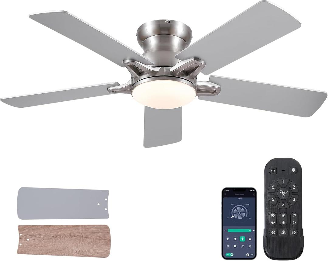 Flush Mount Ceiling Fans with Lights Remote/APP Control, Modern Ceiling Fan Light with Timer Setting and Silent Motor, Low Porfile Reversible Fan Light for Indoor/Outdoor Use (48IN, Nickel)