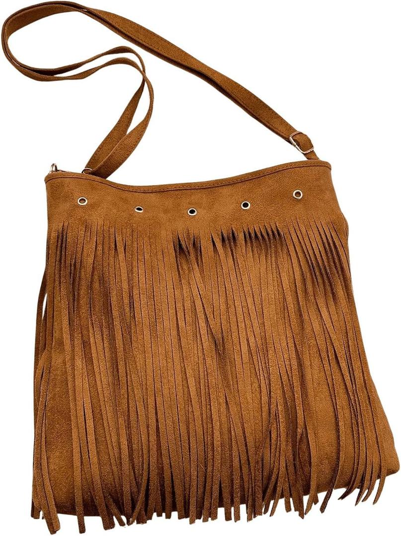 OYOANGLE Women's Fringe Leather Hobo Bag Adjustable Strap Crossbody Bags Hippie Vintage Tote Bag