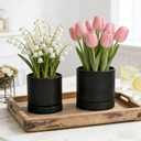 GreenShip Planter Set of 2 (9.8" & 7.8") – Dual-Use Self-Watering or Traditional Indoor Cylinder Flower Pots with Saucers & Side Drainage – Durable Lightweight Clay & Resin Blend