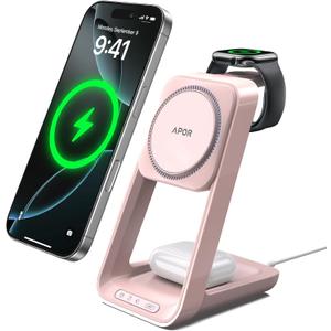 3 in 1 Charging Station for iPhone, for Magsafe Wireless Charger with Cooling Fan for iPhone 17 16 15 14 13 12 Series & Apple Watch Charger, Wireless Charging Station for AirPods 4/3/Pro (Pink)