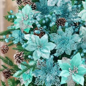 56 Pcs Christmas Decorations, 4 Styles Poinsettias Artificial Christmas Flowers Glitter Berries Stems Ornaments Tree with Pine Cones & Stems for Xmas Wedding DIY Wreath Floral Party (Blue-green)