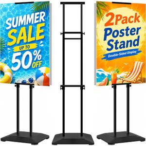 2 Pack Pedestal Poster Stands for Display, Adjustable Heavy Duty Poster Board Stand Height Up to 80", Double-Sided Floor Standing Sign Holder for Foam Board & Banner Signs, Black