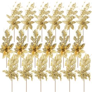 18 Pack 3 Styles 17 Inch Christmas Glitter Poinsettia Berry Stems Ornaments Artificial Floral Branches Picks for Christmas Tree Home Vase Holiday Party Decor(Gold)