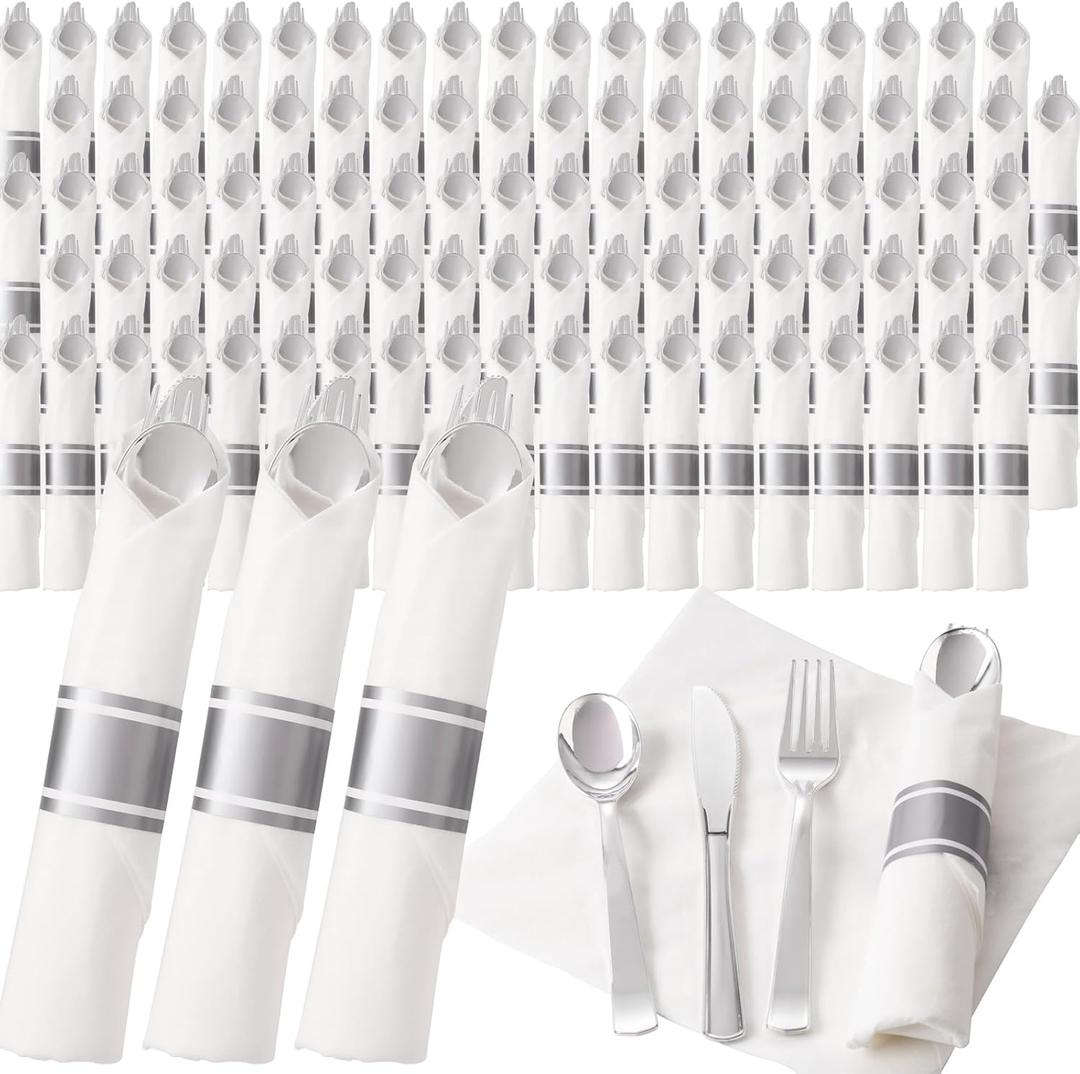 200Guests Pre Rolled Silver Plastic Silverware Sets - Heavy Duty Silver Cutlery - Include 200 Pack Wrapped Disposable Utensils with Napkins for Parties & Dinners & Weddings