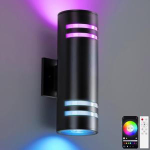 KIZON Modern RGBCW Outdoor Sconce Color Changing, Dimmable Porch Light, Black, 4x4x12 inches, App Control with Remote, Compatible with Alexa Google Assistant, ETL Listed