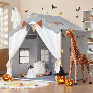 besrey Kids Tent, Kids Play Tent 2 in 1 with Padded Mat and Lights, Large Playhouse with 2 Doors & 4 Windows, Indoor & Outdoor, Halloween Toddler Playhouse, 51" x35" x 51" (Gray)