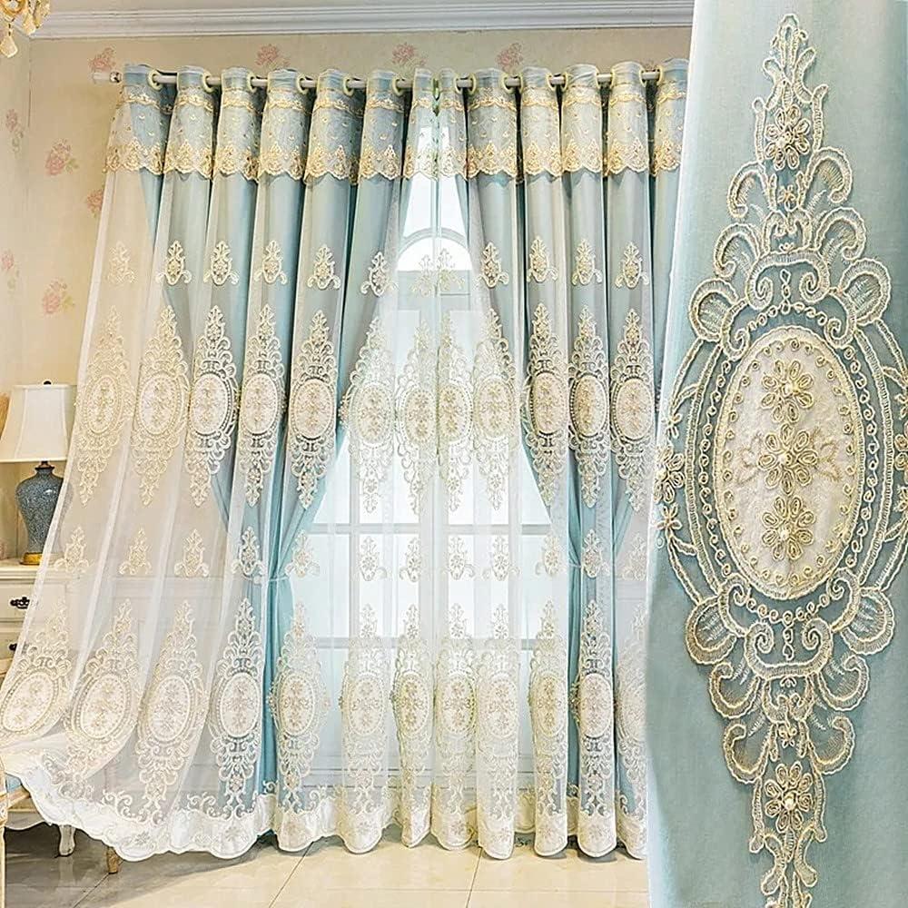 Amidoudou 1 Pair Luxury 3D Flower Embroidered Curtains for Bedroom European Double Layer Curtains with Valances for Living Room (Blue,52x84 Inch)