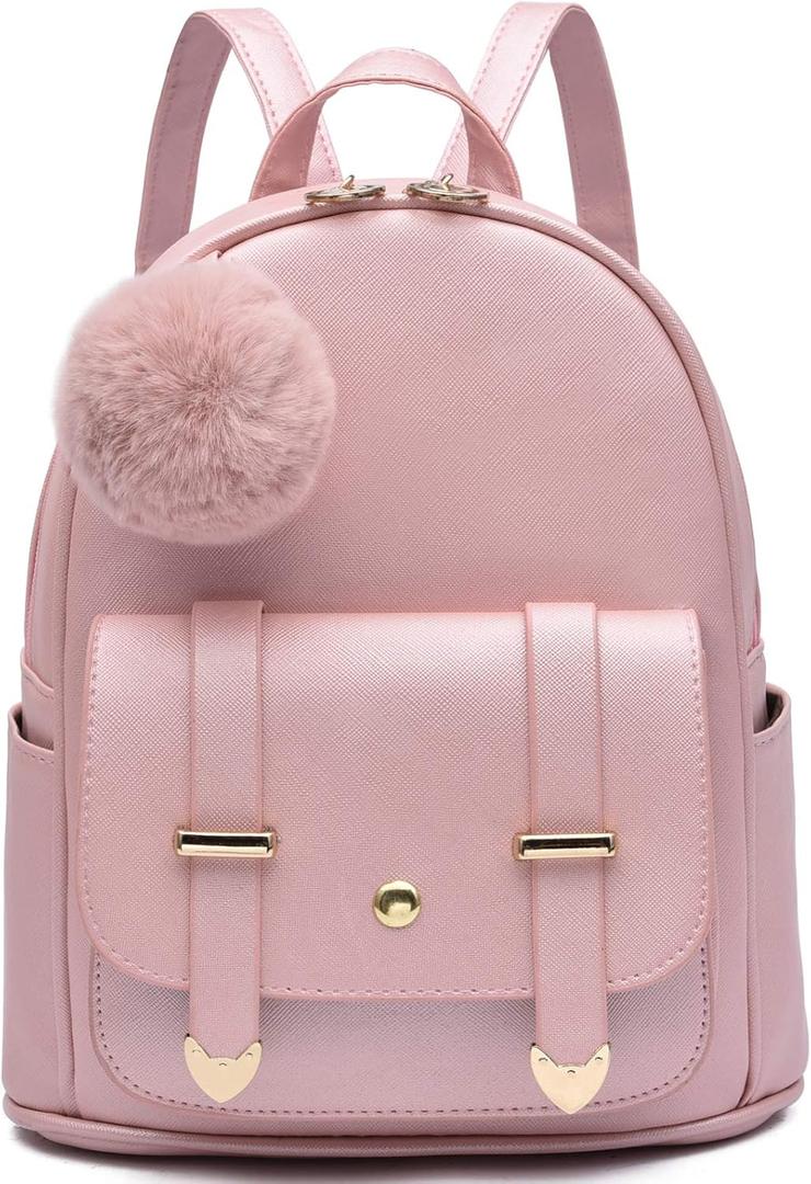 I IHAYNER Girls Fashion Backpack Mini Backpack Purse for Women Teenage Girls Purses PU Leather Pompom Backpack Shoulder Bag