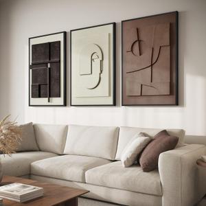 Framed Abstract 3D Textured Wall Art for Living Room, 3 Piece Modern Neutral Artwork for Walls, Brown White Geometric Sandstone Textured Painting for Bedroom, Home Office Decor-Total Size 30x60 Inch