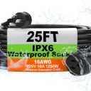 USEDOM IPX6 25 FT Outdoor Extension Cord Waterproof, 16/3 Gauge Black Heavy Duty Extension Cords, 10A 1250W SJTW, Waterproof Socket, 3 Prong Flat Plug Extension Cord with Weather Resistance
