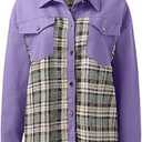 NILOINE Women's Cropped Plaid Shacket Jacket Long Sleeve Button Down Shirt Coat Tops with Pockets M