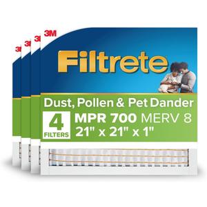 Filtrete 21x21x1 AC Furnace Air Filter, MPR 700, MERV 8, Tough on Pollen, Easy on Airflow, 3-Month Pleated 1-Inch Electrostatic Air Cleaning Filter, 3-Pack (Actual Size 20.81 x 20.81 x 0.81 in)