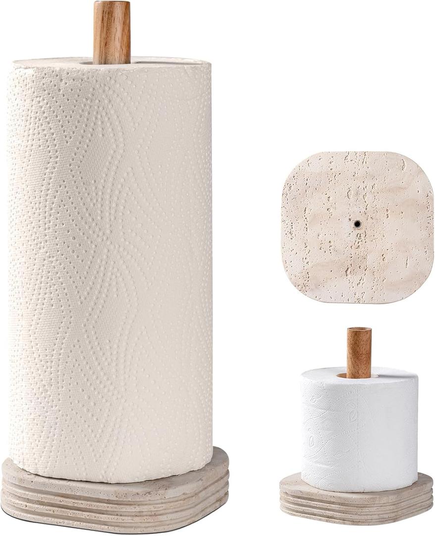 Natural Travertine Textures Standing Paper Towel Holder for Kitchen Countertop, Bathroom Toilet Paper Roll Holder with Weighted Base and Sturdy Wood Stand, for Standard or Plus Rolls, Height-Adjustable (Yellow Stone)