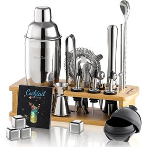 Cocktail Shaker Set, 24-Piece Bar Bartender Kit with Stand, Martini Shaker, Jigger, Strainer,Mixer Spoon,Muddler,Liquor Pourers,Tongs,Opener,LCE Ball Mold&LCE Cubes,Bottle Stoppers|Silver