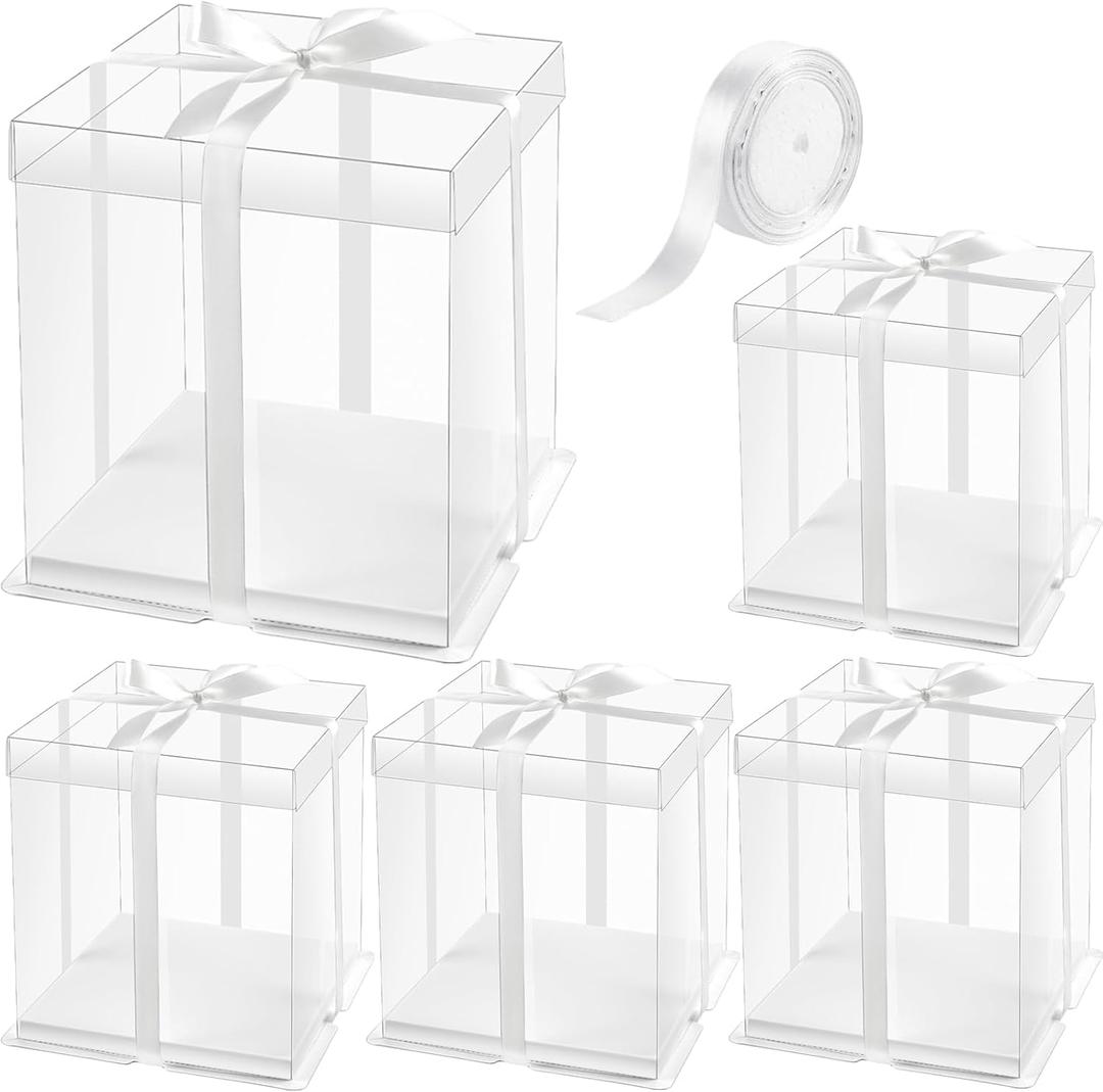 Ocmoiy 8  8  9 In. Clear Cake Box with Ribbon, 5 Pcs White Disposable Cake Carrier with lid for 2-Layer Cake Holder, Display and Gift Packaging