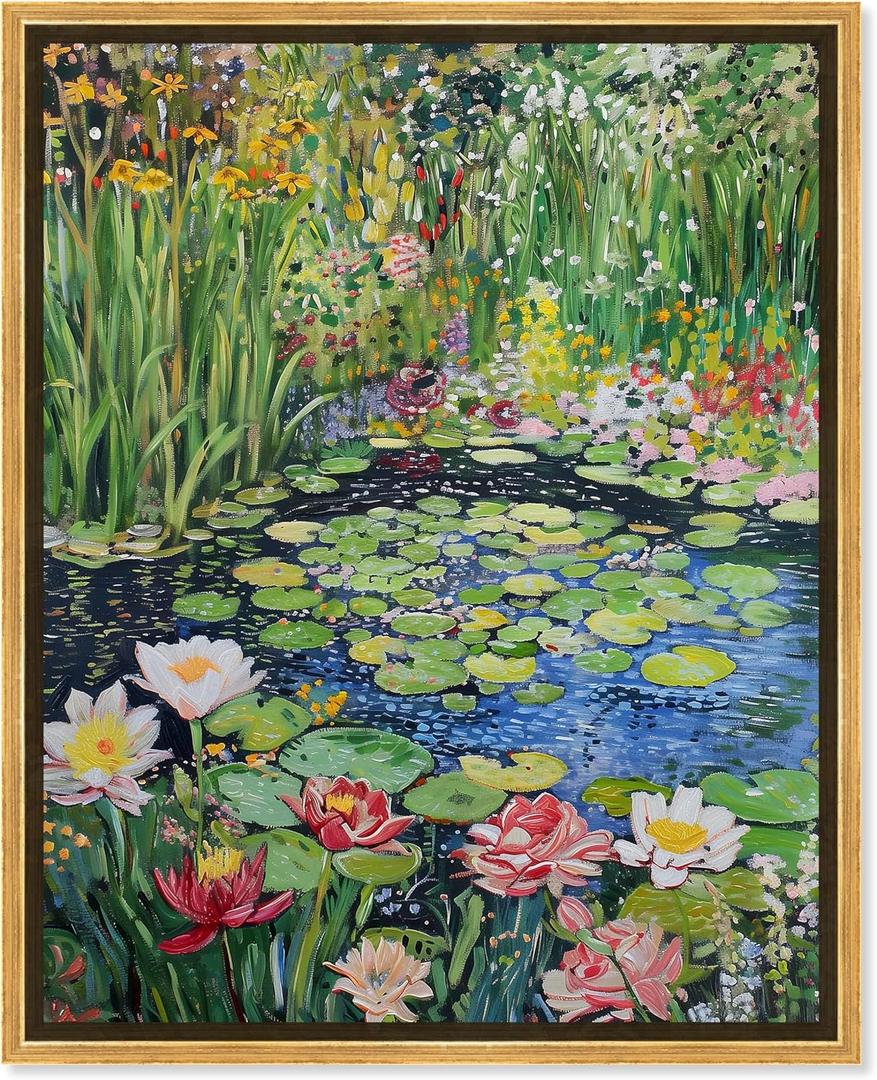 Impressionist Pond Framed Impressionism 1 Piece Canvas Wall Art/Monet And Van Gogh Inspired Art, 31.5" x 37.5", Gold Frame