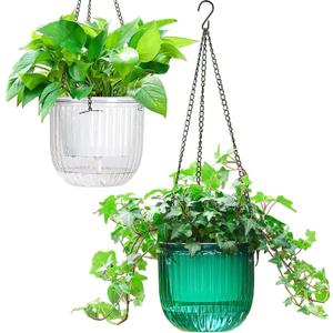 Melphoe 2 Pack Self Watering Hanging Planters Indoor Flower Pots, 6.5 Inch Outdoor Hanging Plant Pot Basket, Plant Hanger with 3Hooks Drainage Holes for Garden Home (Emerald+white)