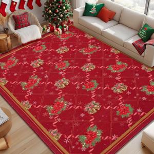 Yinhua Christmas 5x7 Area Rugs, Washable Rugs for Living Room, Grid Non-Slip Rug for Bedoom Christmas Large Area Rug Red Diamond Soft Floor Carpet for Dining Room Holiday Xmas Decorations