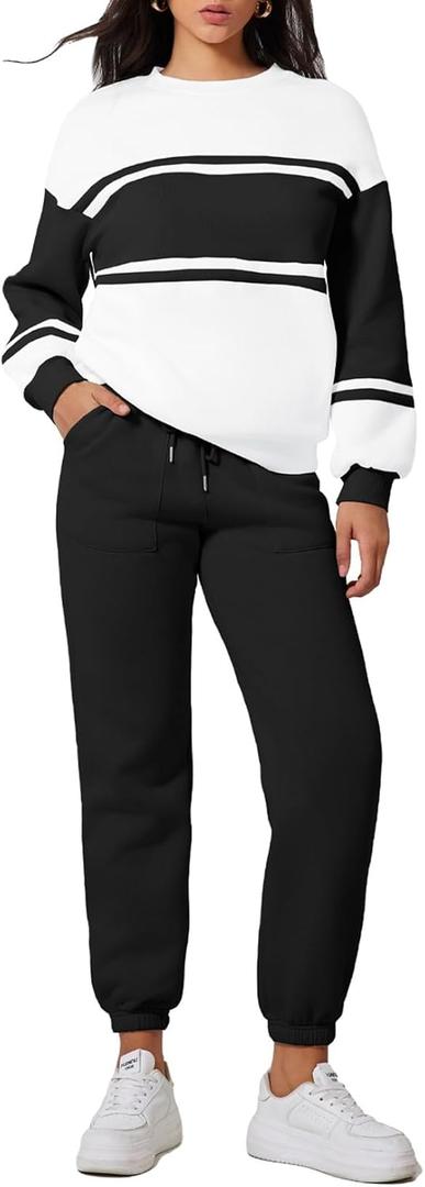 Herseas Women 2 Piece Outfits Sweat suit Lounge Set Color Block Crewneck Pullover with Jogger Airport Tracksuit Matching Pants Set Black Small 4 6