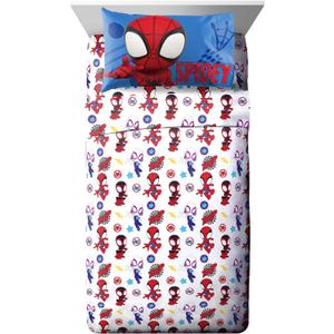 Jay Franco Kids Sheet Set with Fitted, Flat Sheets & Pillow Cover - Ultra-Soft Bedding with Pillowcase for Room Decor, White - Spidey & Friends, 3 Piece Toddler