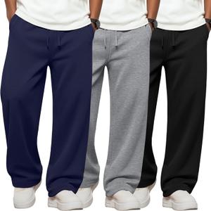 3 Pack Boys Sweatpants Straight Leg Athletic Open Bottom Joggers Lightweight Drawstring Kid Pants with Pockets (X-Large, Black, Navy Blue, Gray)