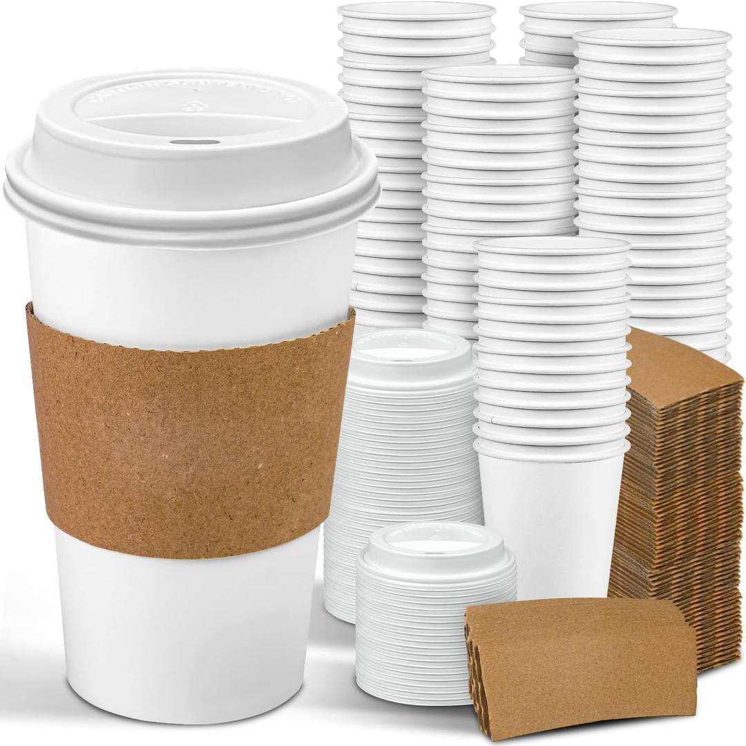 Ginkgo 100 Pack 16 oz Disposable Coffee Cups with Lids and Sleeves Leak-Proof White Paper Cups, Insulated To Go Hot Beverage Cups, Coffee Bar Accessories