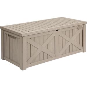 YITAHOME 120 Gallon Large Deck Box with X-Shaped Front, Resin Outdoor Storage Boxes, Waterproof Cushion Storage Bench for Patio, Pool Supplies, Garden Tools - Lockable, Taupe