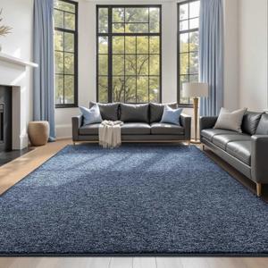 FinRèc 8x10 Washable Area Rugs for Bedroom Living Room, Low Pile Thin Rug Solid Color, Non-Slip Carpet Indoor for Home Decor (Navy Blue)