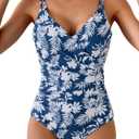 B2prity One Piece Swimsuit for Women Adjustable Double Strap V Neck Bathing Suit Tummy Control Slimming Swimwear (Large, Navy Blue Flower)
