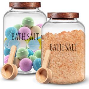 SiliFine 2 Sets 74 oz Large Bath Salt Container with Wooden Scoop for Glass Bath Salt Jar with Airtight Lid Storage Canister for Food, Flour, Sugar, Cookie, Kitchen