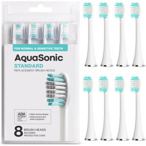 AquaSonic Genuine Standard Replacement Brush Heads | ADA Accepted | for Normal & Sensitive Teeth | Compatible with Many AquaSonic Toothbrush Handles (8 Pack White)