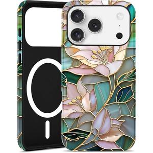 Jusy Compatible with MagSafe Lily Flower Case for iPhone 7/8/SE, Aesthetic Stained Glass Floral Magnetic Phone Case, Soft TPU and Hard PC Protective Phone Cover for Women Girls (Shiny) - Lily