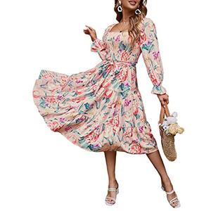 Amegoya Women's Square Neck Long Sleeve Pink Floral Midi Dress Ruffle Tiered Boho Flowy Smocked Maternity Dress(Flower Purple XL)