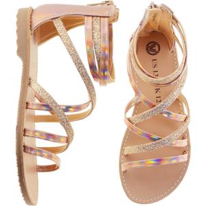 Vonair Girls Sandals Strappy Gladiator with Zipper Comfort Summer Shoes Gold US 4