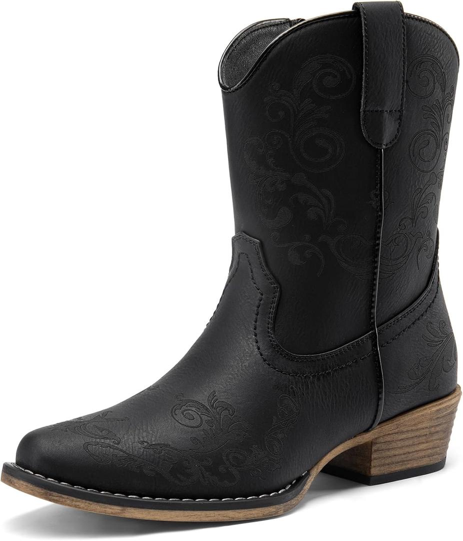 DREAM PAIRS Women's Cowboy Cowgirl Western Ankle Boots,Size 7.5,Black | Square Toe Fashion Dress for Country Concert Theme Party Low Chunky Heels Fall Short Booties Shoes