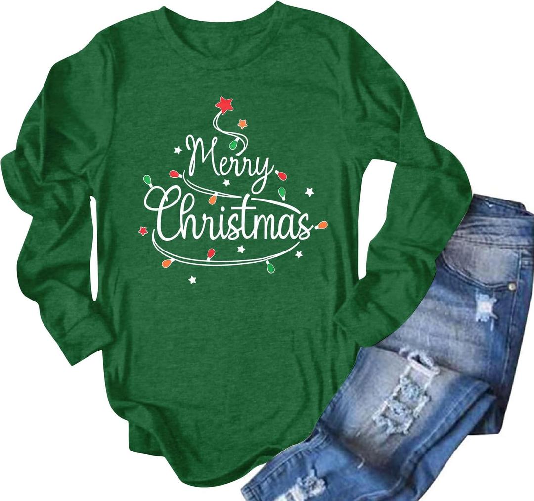 FASHGL Christmas Shirt Women Merry and Bright Pullover Christmas Lights Graphic T Shirts Xmas Long Sleeves Tops (XXL)
