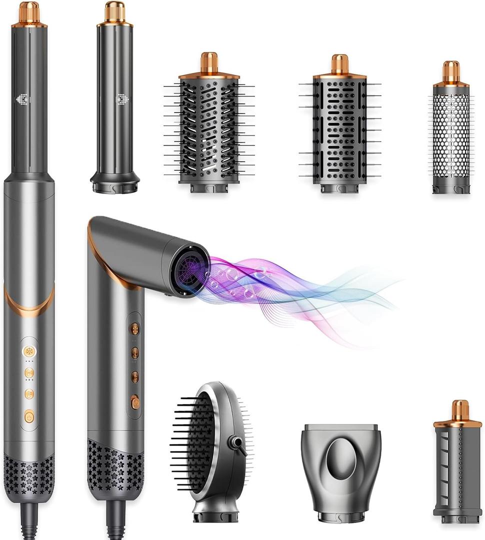 8 in 1 Hot Air Brush Hair Styler, High-Speed Hair Dryer Brush with Auto Wrap Curlers, Foldable Ionic Blow Dryer Brush for Fast Drying, Volumizing & Curling, Multi-Styling Tool (Gifts for Women) (Classic Grey)