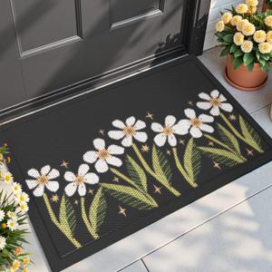 DEXI Front Door Mat Outside Entrance, 17x30 Spring Entryway Doormat Dirt Trapper, Heavy Duty Non Slip Entry Mats for Patio Garage Porch Home Decorative, Black