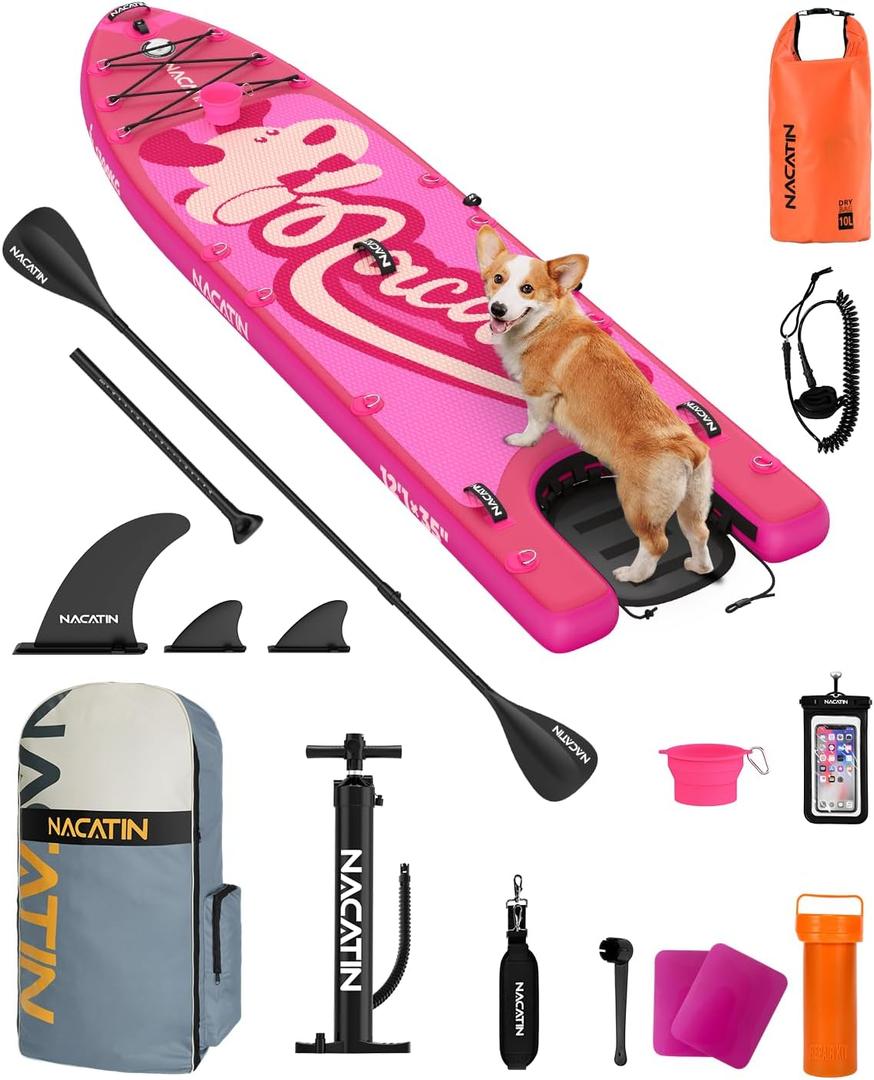 NACATIN Inflatable Stand Up Paddle Board - Premium SUP Board with Dog Ramp Kit, Complete SUP Set Paddle Boards for Adults with Single/Double Paddle, Backpack, Suitable for Paddle Boarding with Dog