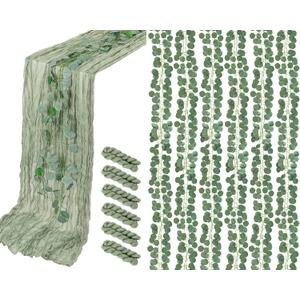 Tioncy 6 Pcs Sage Green Centerpieces for Table 35 Inch x 10 ft Cheesecloth Table Runner Boho 10 ft Artificial Eucalyptus Garland Vines for Bridal Shower Wedding Spring Holiday Birthday Decoration
